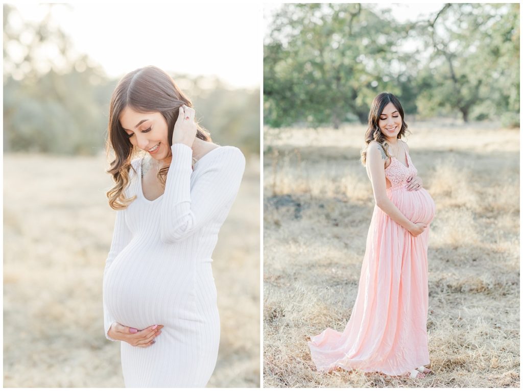maternity photos with blush pink and white dress