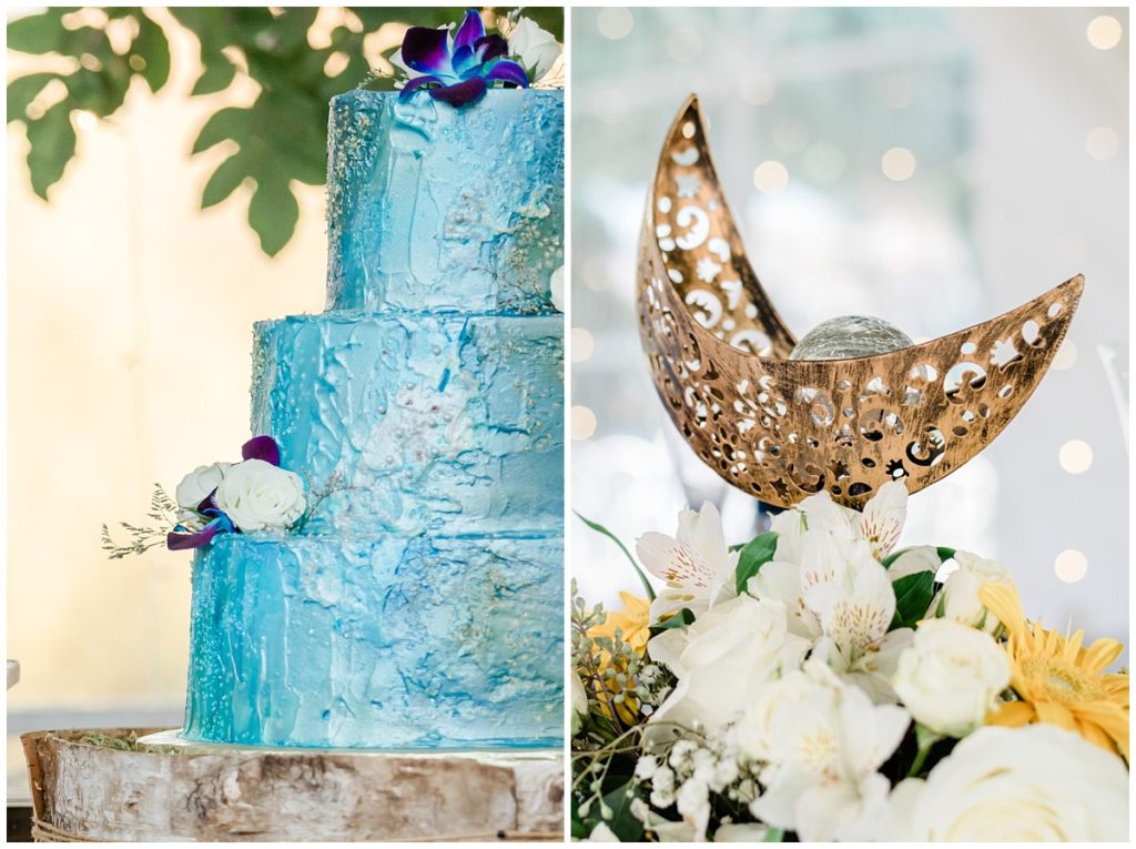 celestial wedding theme details and wedding cake