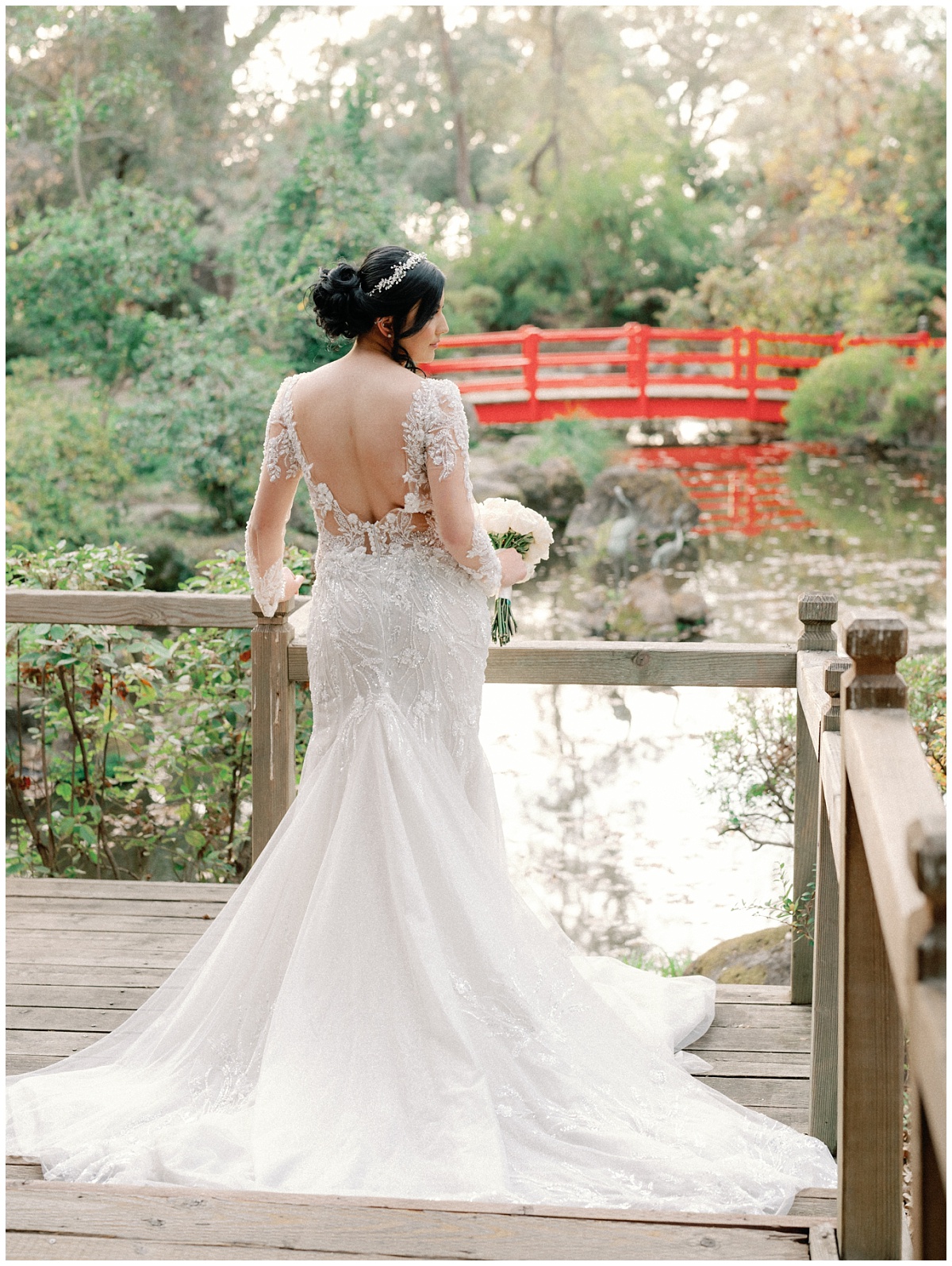 Bridal Portraits near the Japanese Garden with Red Bridge and Koi Pond